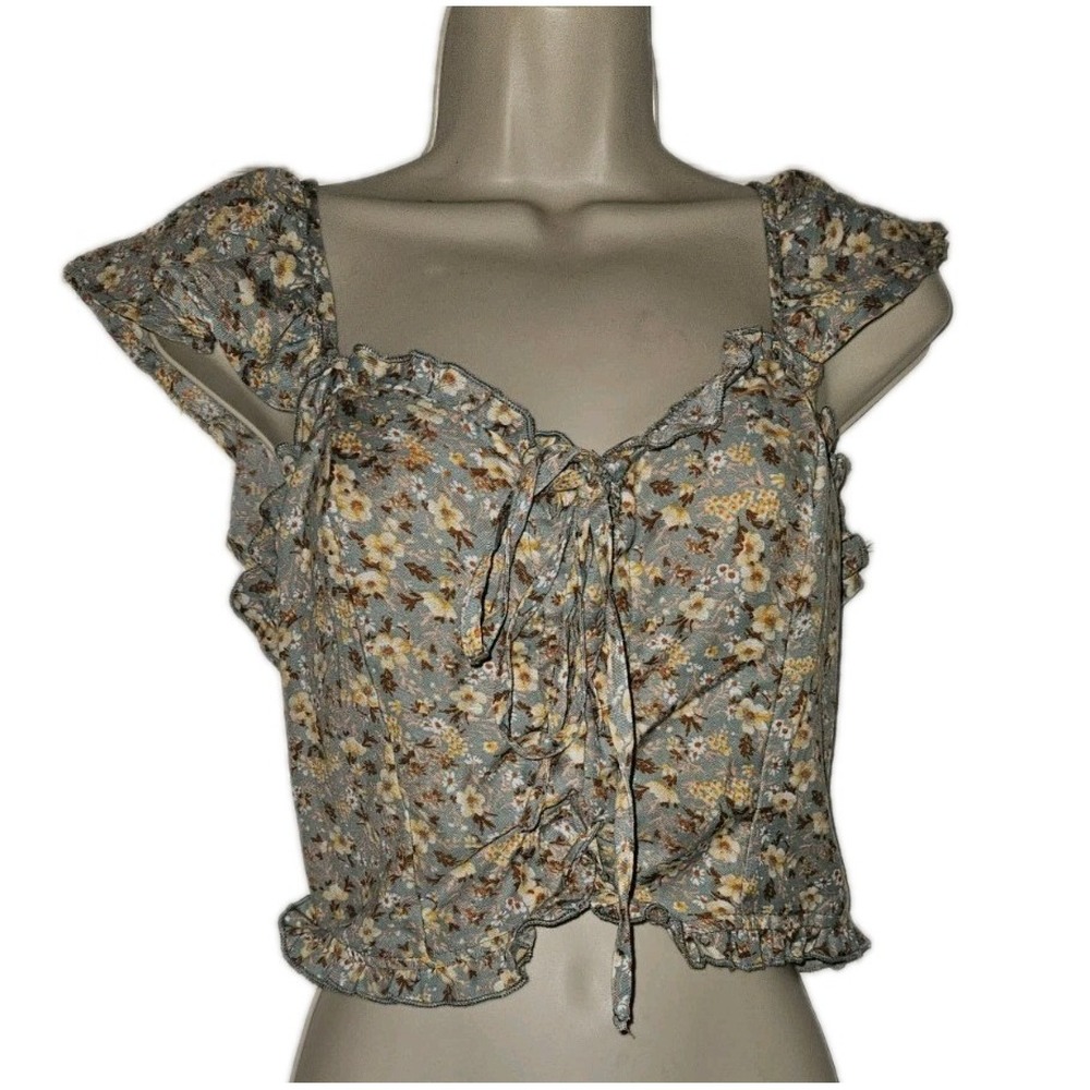 BOG Collective Floral Crop Top Lace Up Flutter Sleeveless Festival Coquette Sz M
